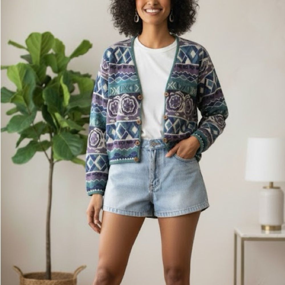 Gispa Vintage Blue Cotton Blend Patterned Cardigan Sweater Size M